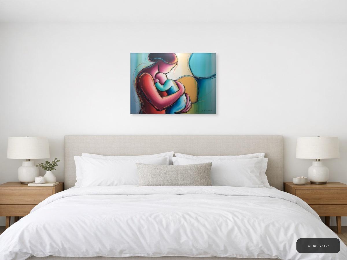 Colorful Abstract Mother and Child Embrace Wall Art — A3 / Bedroom