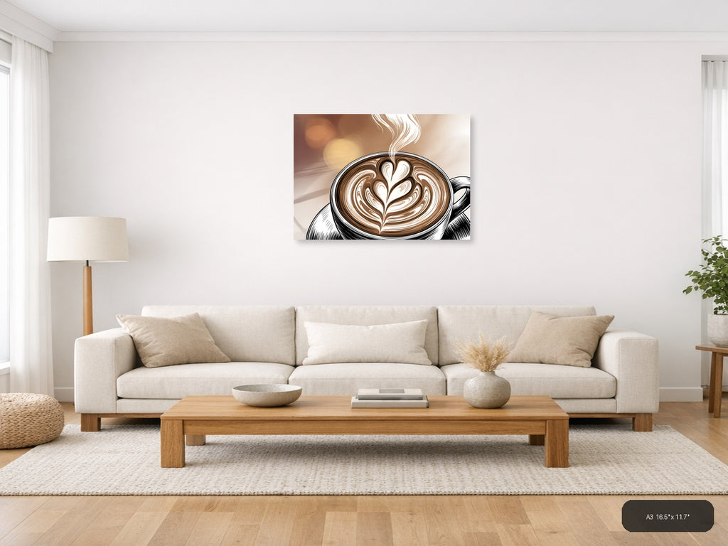 Latte Art Line Art - Coffee Cup with Heart Design Wall Art — A3 / Living Room