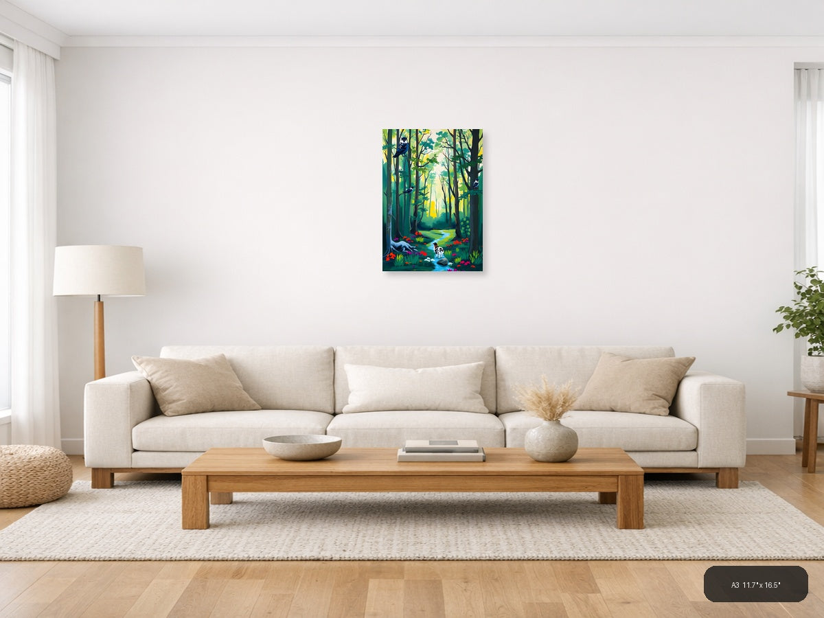 Forest Stream with Birds Abstract Wall Art — A3 / Living Room