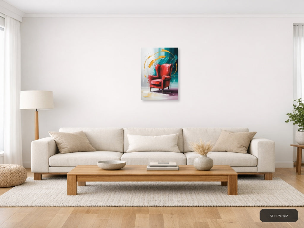 Red Chair Abstract Motion Teal Orange Wall Art — A3 / Living Room