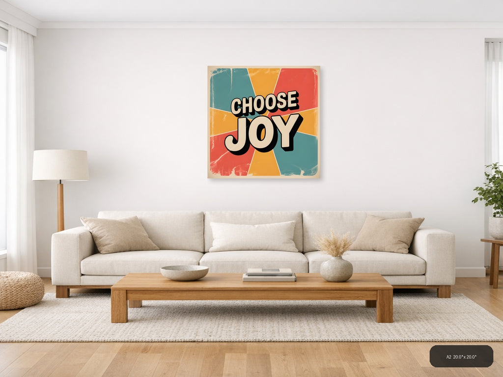 Choose Joy Vintage Retro Sunburst Square Wall Art — A2 / Living Room