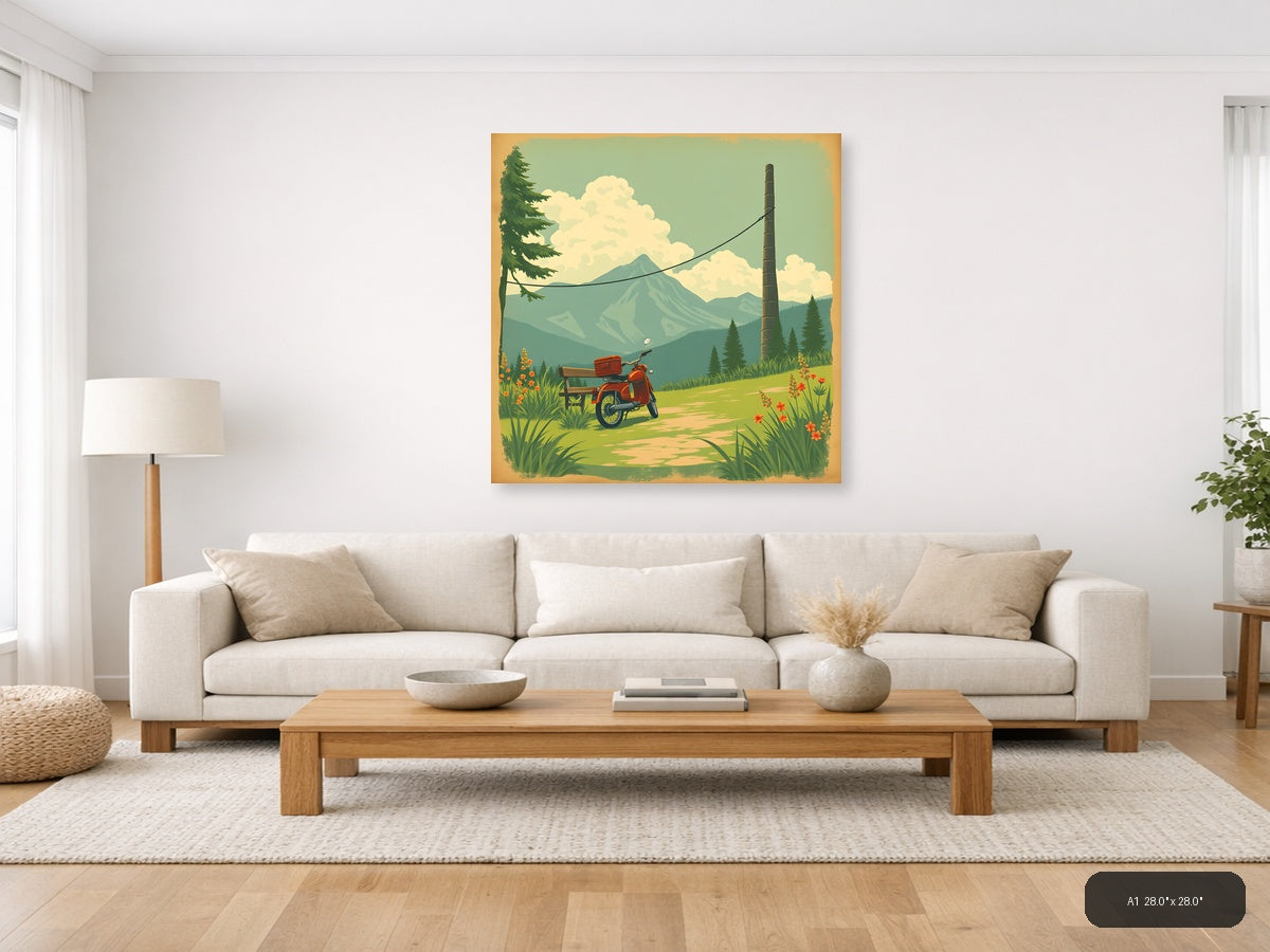 Vintage Red Scooter Mountain Landscape Wall Art — A1 / Living Room
