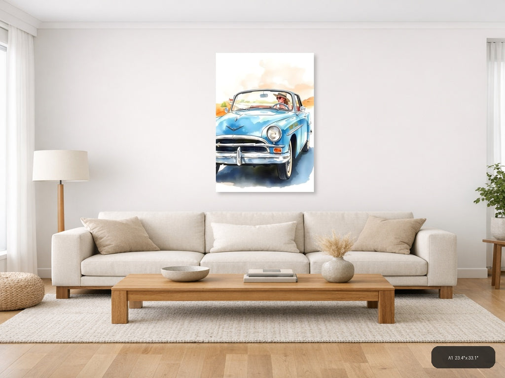Blue Convertible Car Watercolor Portrait Wall Art — A1 / Living Room