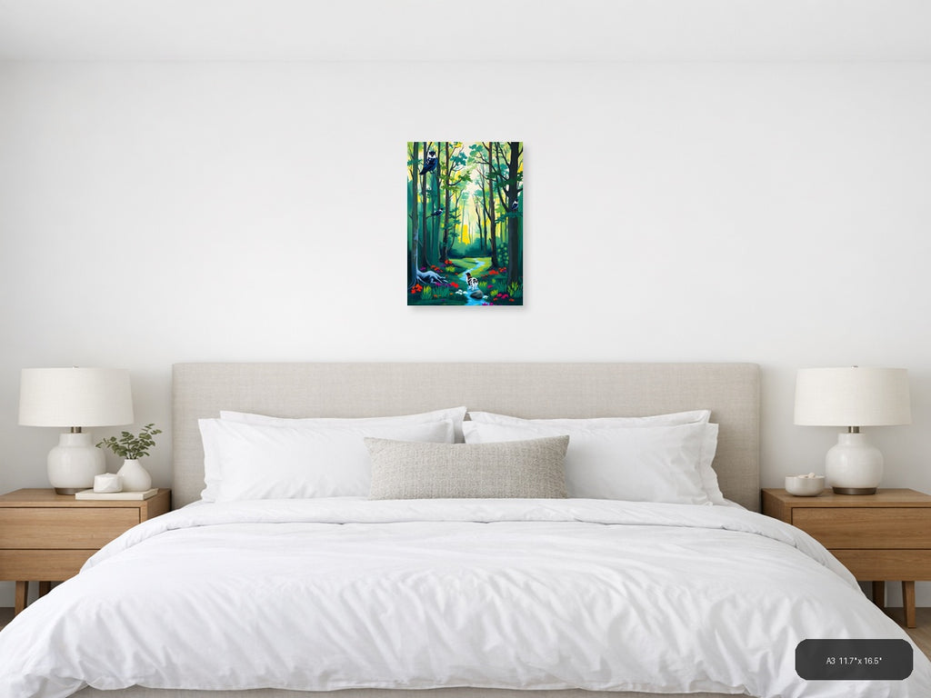 Forest Stream with Birds Abstract Wall Art — A3 / Bedroom