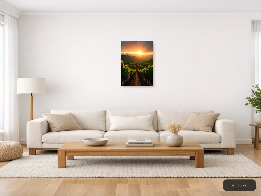Golden Sunset Over Vineyard Rows Photography Wall Art — A3 / Living Room