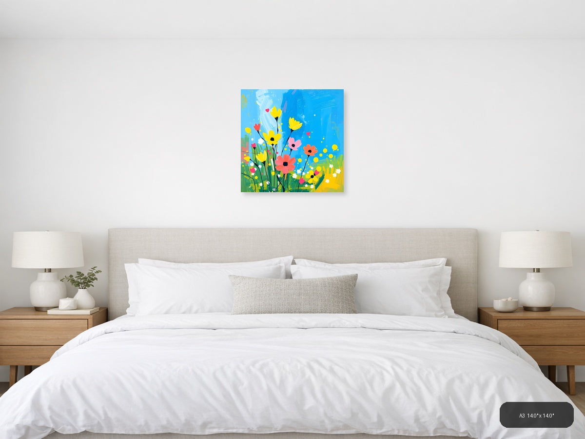 Colorful Abstract Wildflower Garden Blue Sky Wall Art — A3 / Bedroom
