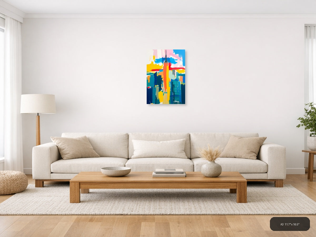 Abstract NYC Skyline - Vibrant Colorful Urban Wall Art — A3 / Living Room