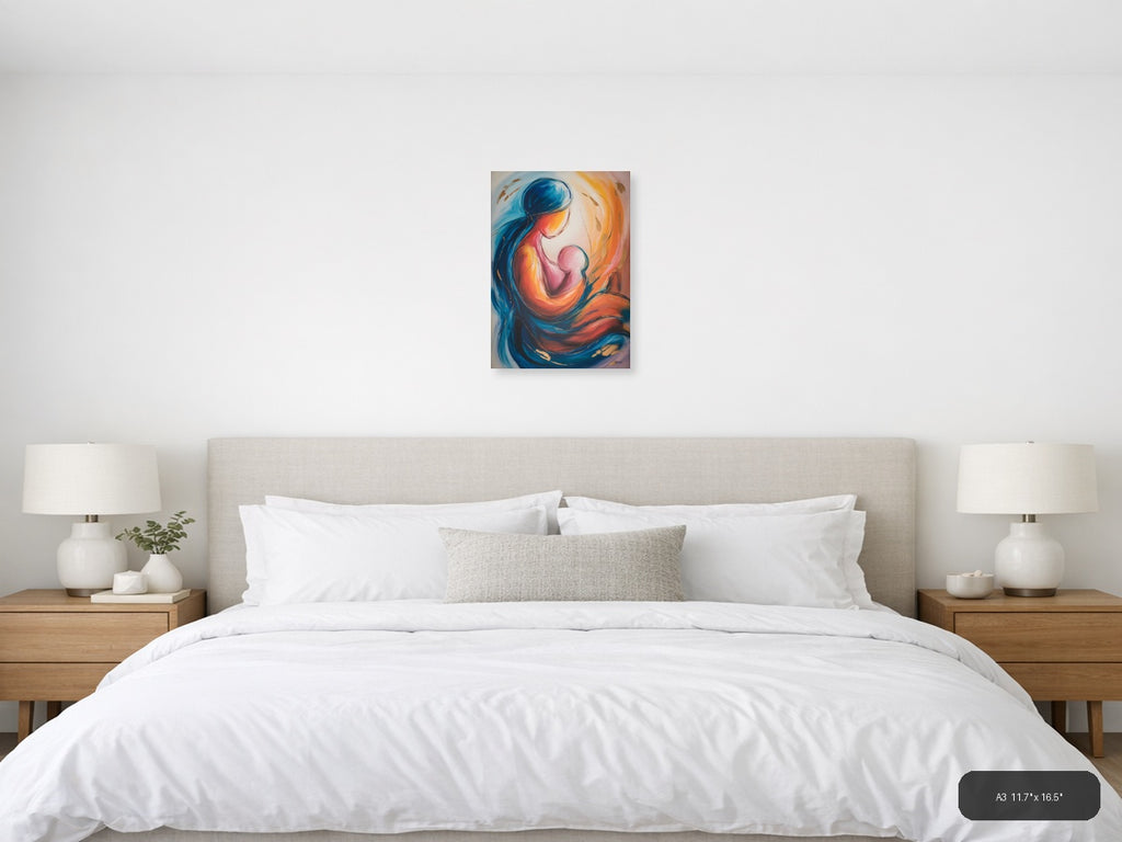 Abstract Mother and Child Embrace Blue Orange Wall Art — A3 / Bedroom
