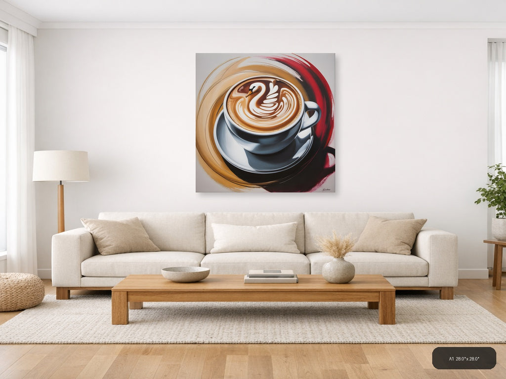 Abstract Coffee Cup Latte Art Swan Design Wall Art — A1 / Living Room
