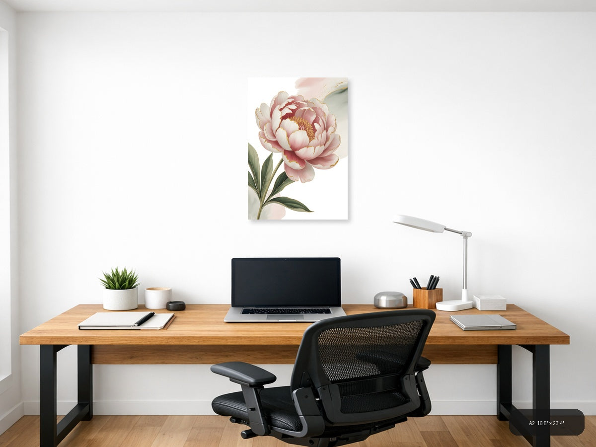 Pink Peony with Gold Accents Watercolor Wall Art — A2 / Office