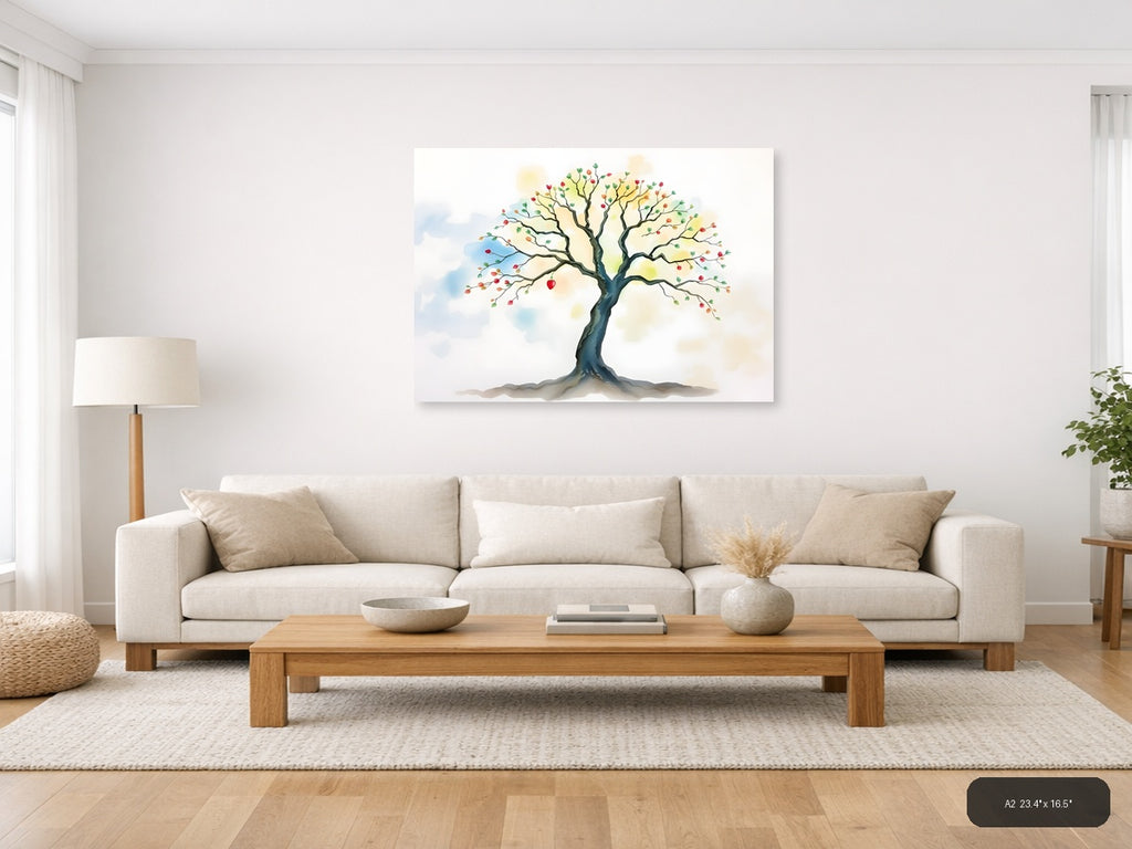 Watercolor Autumn Tree with Colorful Fruits Wall Art — A2 / Living Room