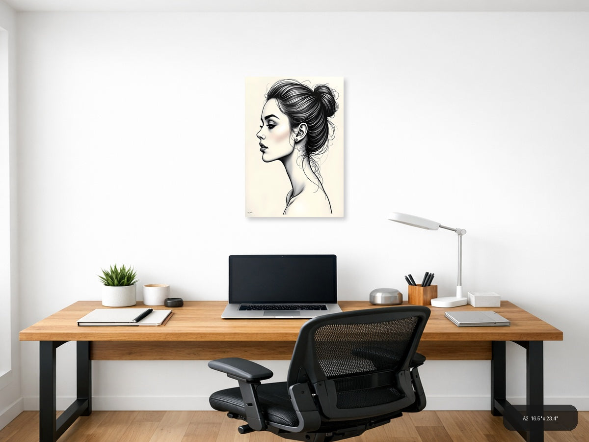 Profile Portrait Line Art Woman with Bun Hairstyle Wall Art — A2 / Office