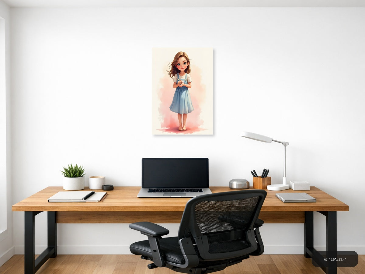 Young Girl in Blue Overalls Watercolor Portrait Wall Art — A2 / Office