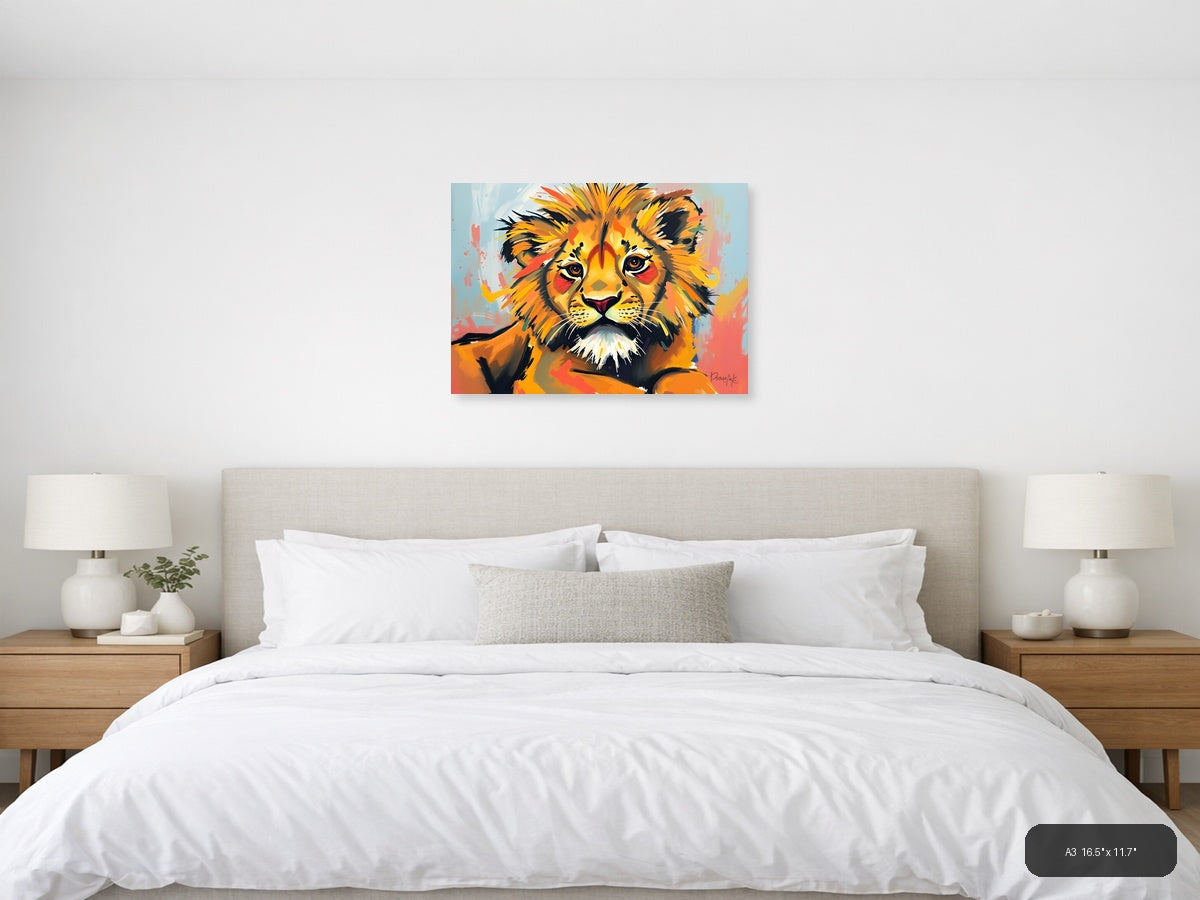 Abstract Lion Portrait - Vibrant Orange Wall Art — A3 / Bedroom