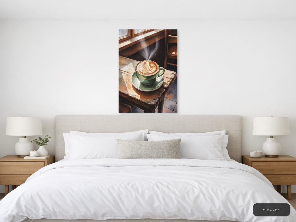 Green Coffee Cup Latte Art Watercolor Wall Art — A1 / Bedroom