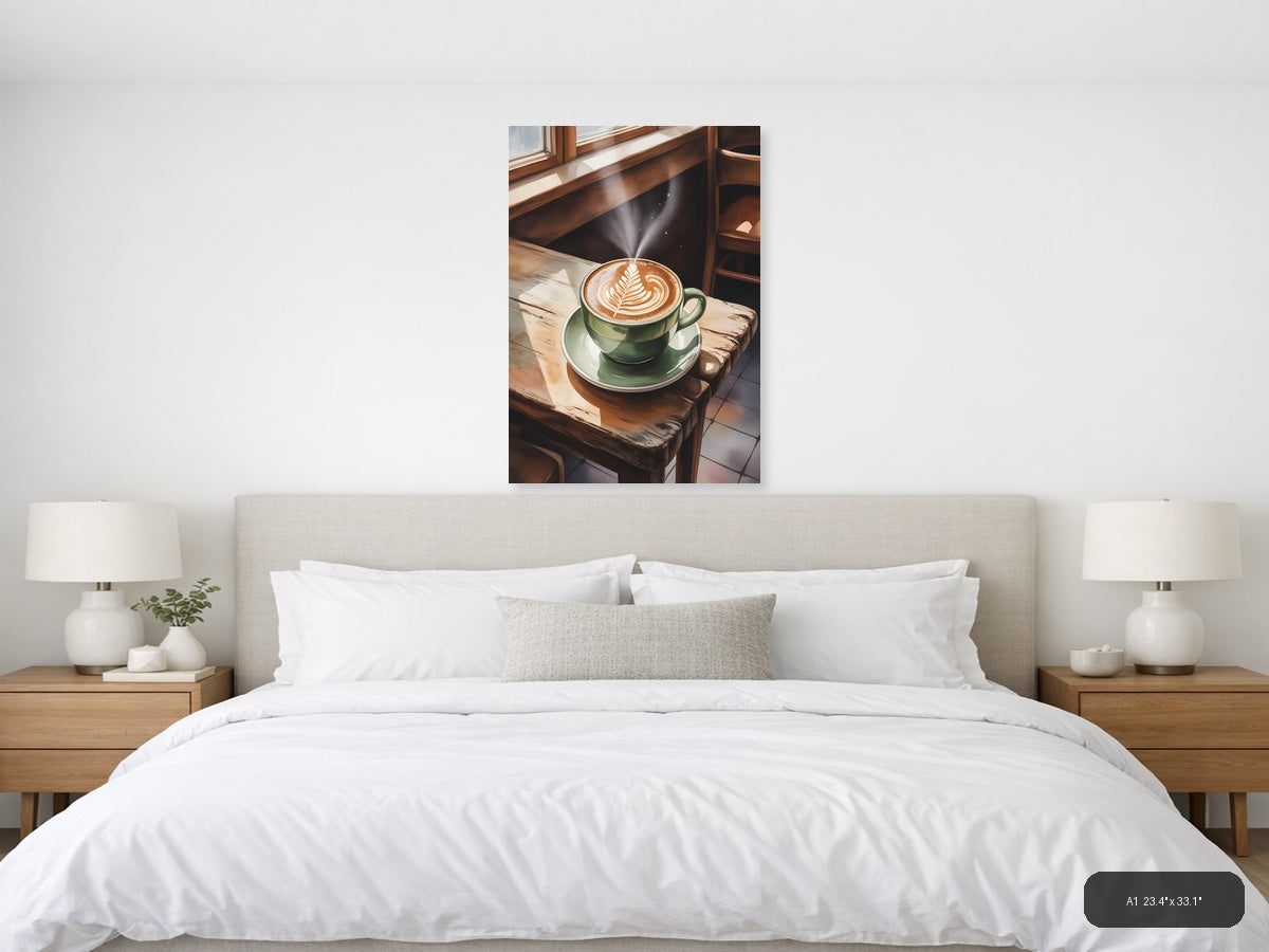 Green Coffee Cup Latte Art Watercolor Wall Art — A1 / Bedroom