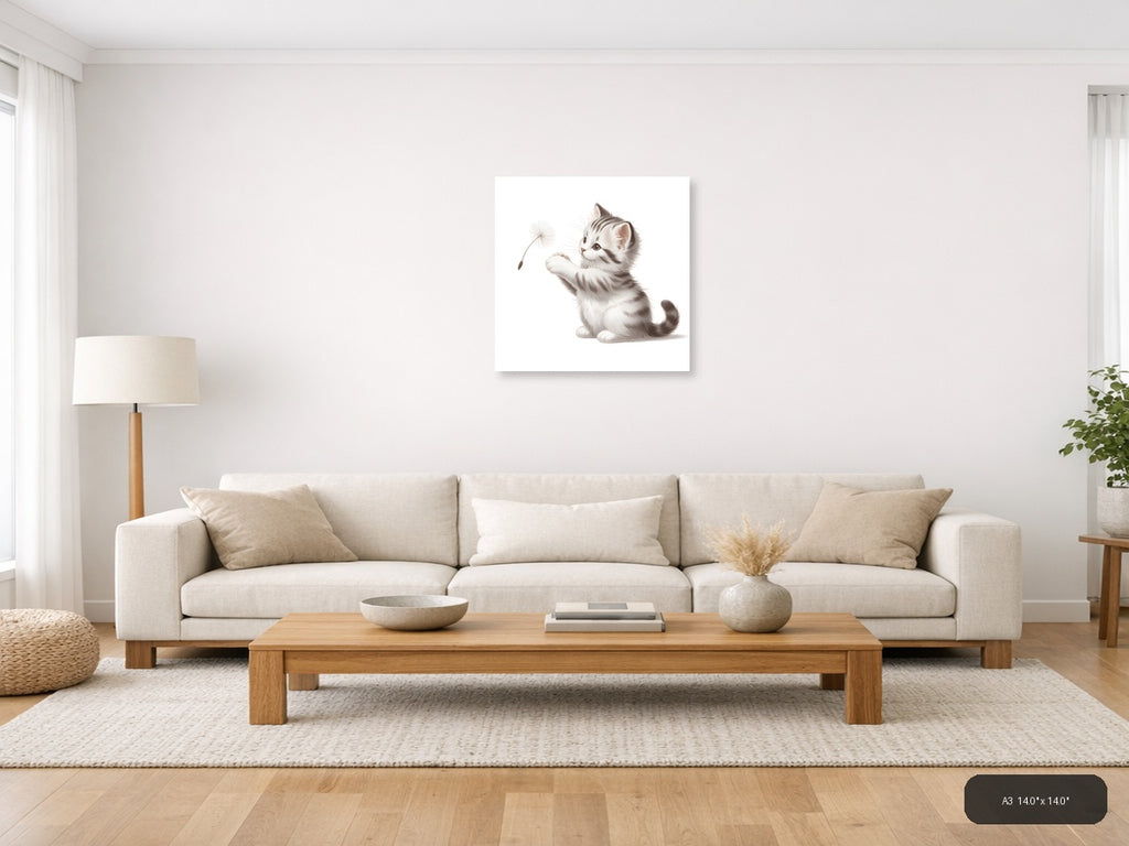 Cute Kitten with Dandelion Minimalist Wall Art — A3 / Living Room