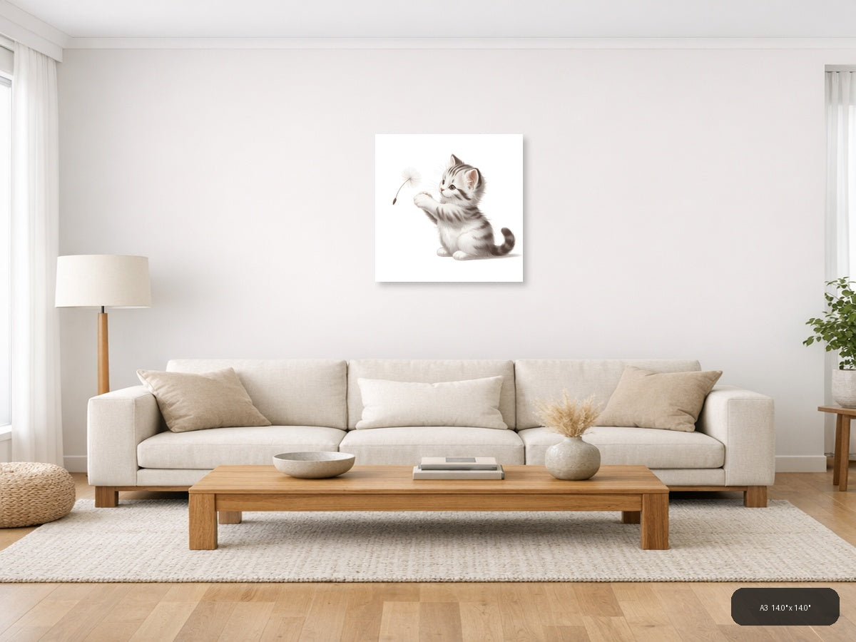 Cute Kitten with Dandelion Minimalist Wall Art — A3 / Living Room