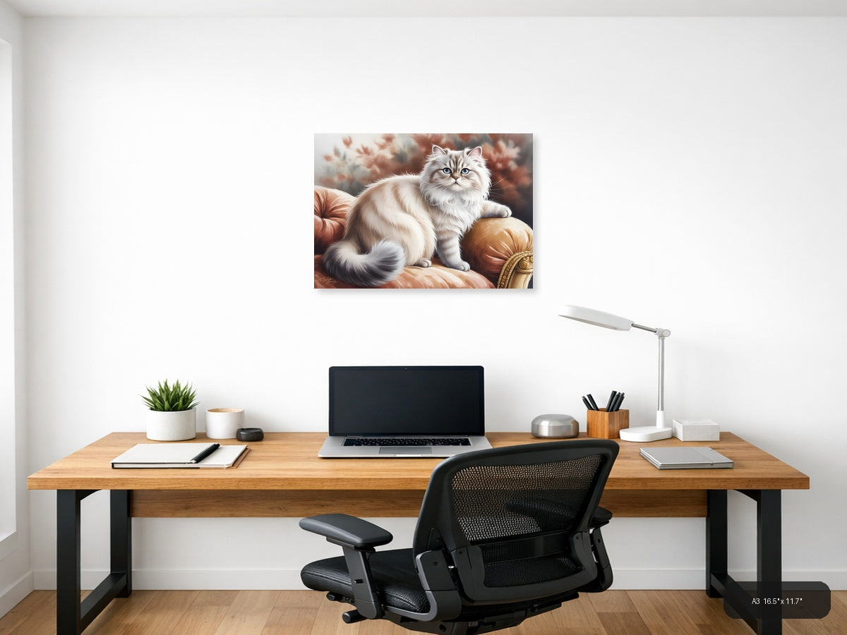 Fluffy White Cat on Red Cushion Watercolor Wall Art — A3 / Office