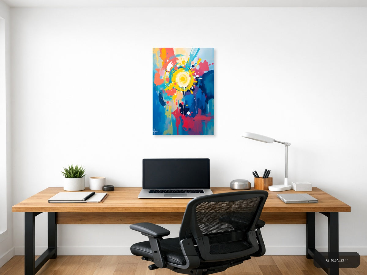 Vibrant Abstract Gear Head Burst Yellow Wall Art — A2 / Office