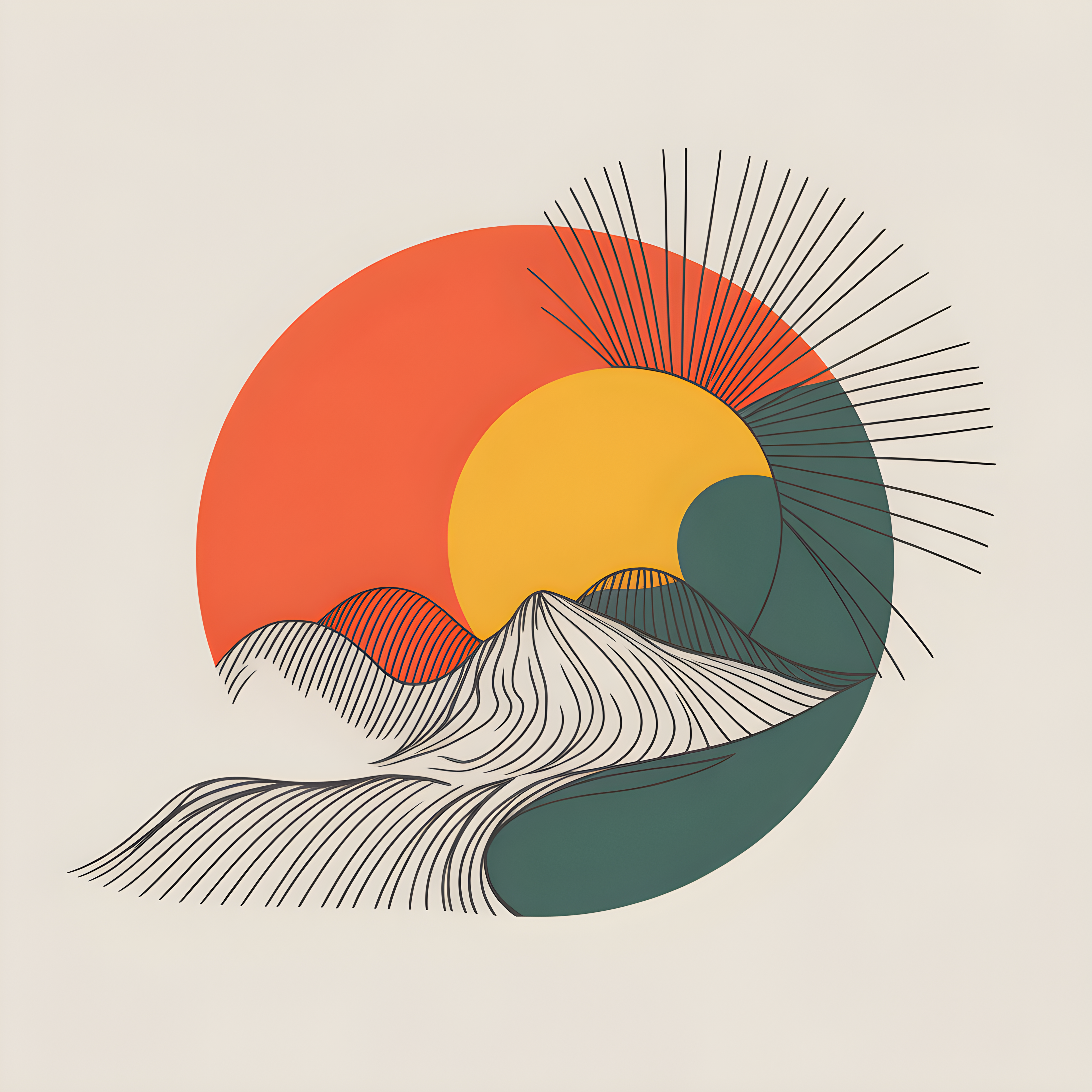 Minimalist Sun and Ocean Wave Line Art Wall Art