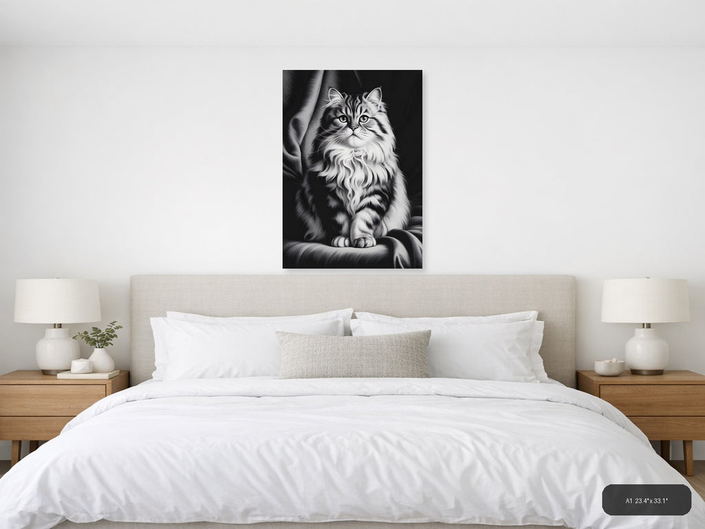 Fluffy Long-Haired Tabby Cat Portrait Photography Wall Art — A1 / Bedroom