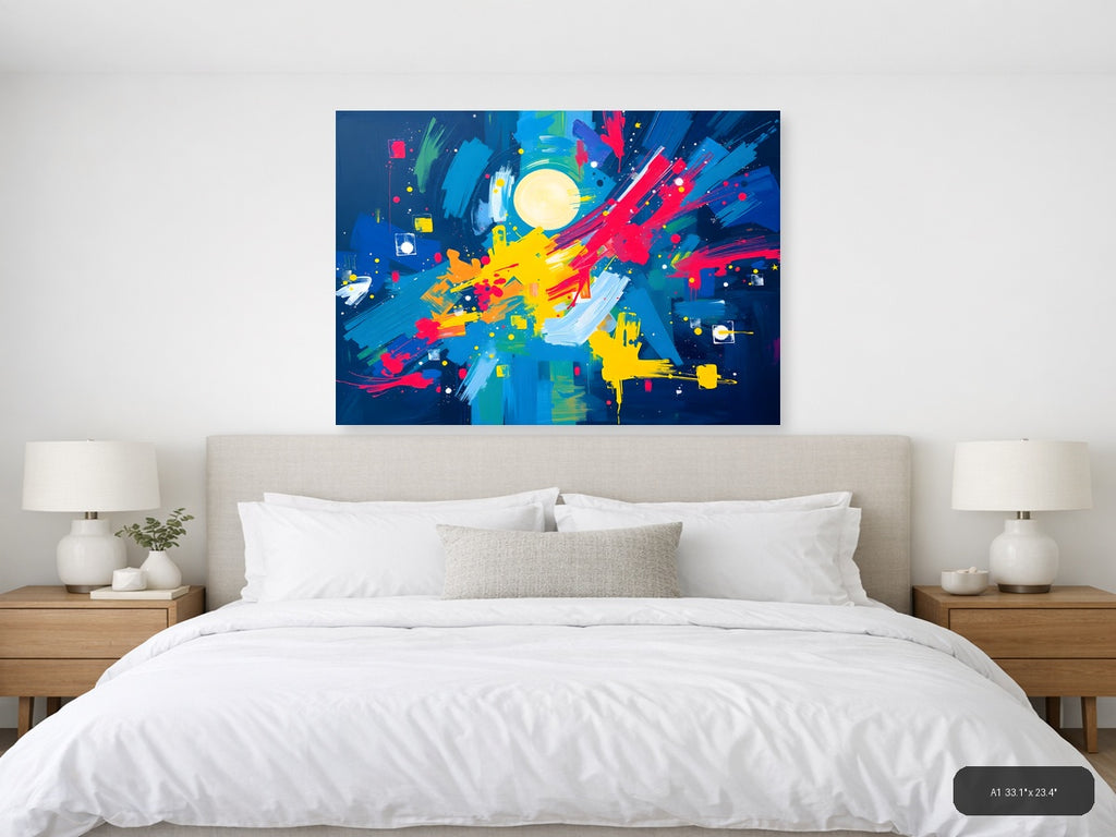 Vibrant Abstract Moon & Explosion Blue Canvas Wall Art — A1 / Bedroom