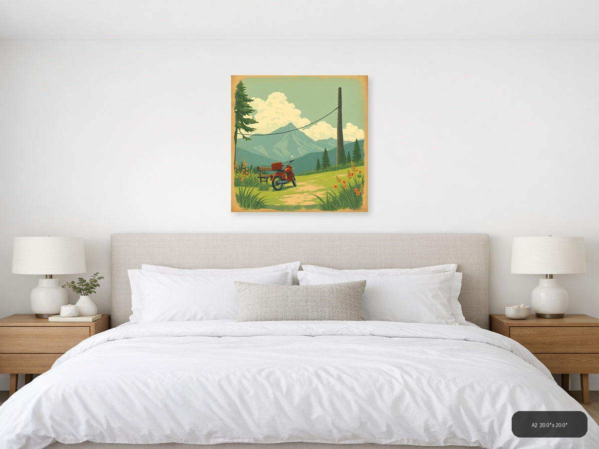 Vintage Red Scooter Mountain Landscape Wall Art — A2 / Bedroom