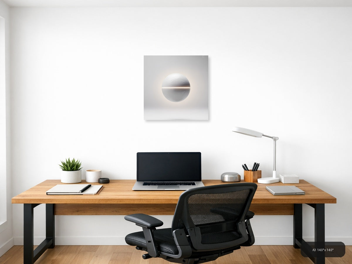 Minimalist White Sphere with Light Line Wall Art — A3 / Office