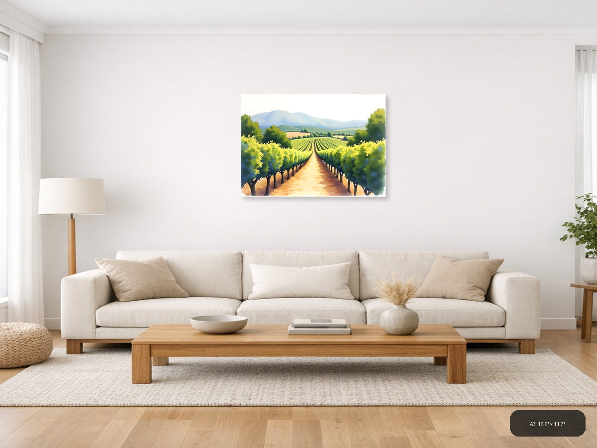 Vineyard Valley Watercolor Landscape Wall Art — A3 / Living Room
