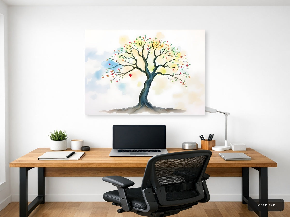 Watercolor Autumn Tree with Colorful Fruits Wall Art — A1 / Office
