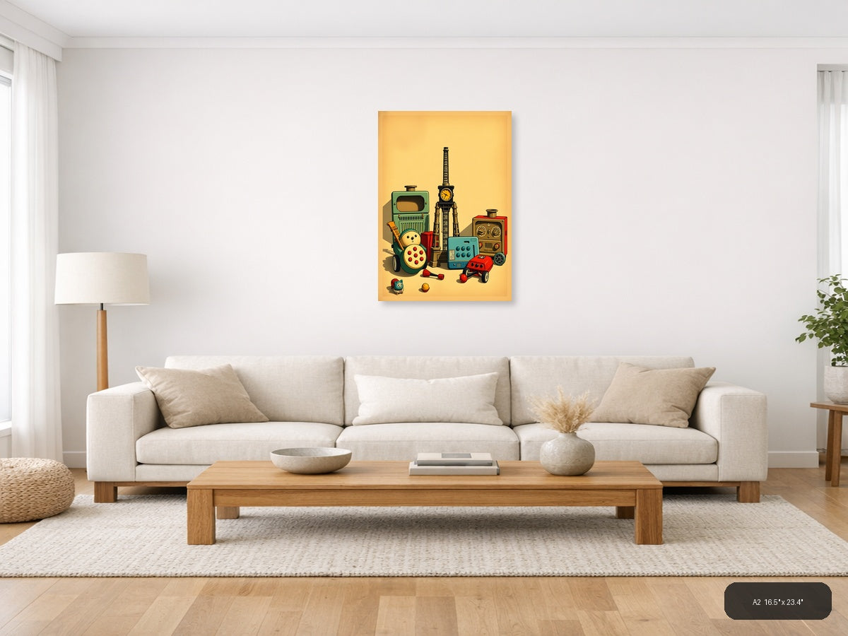 Vintage Toys & Clock Tower Retro Illustration Wall Art — A2 / Living Room
