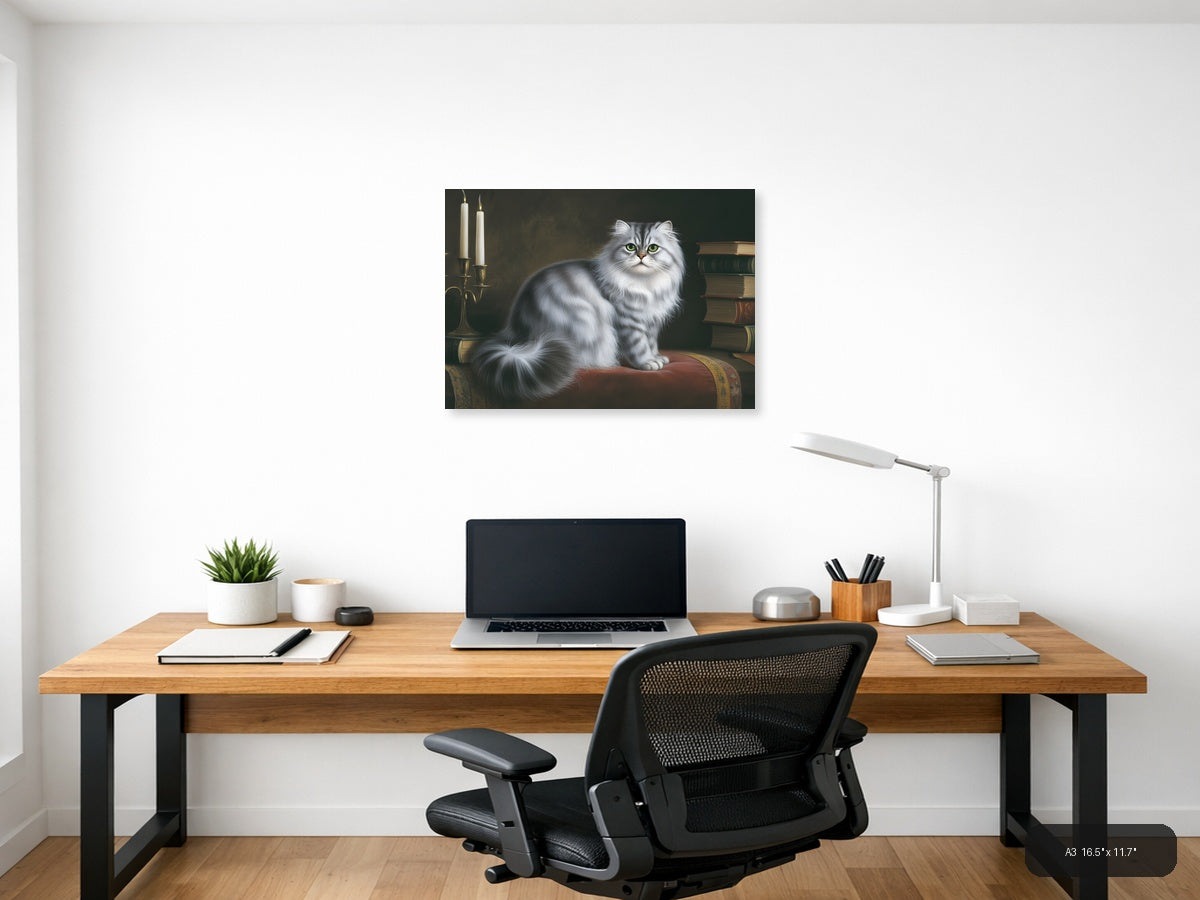 White Fluffy Cat with Green Eyes Portrait Photography Wall Art — A3 / Office