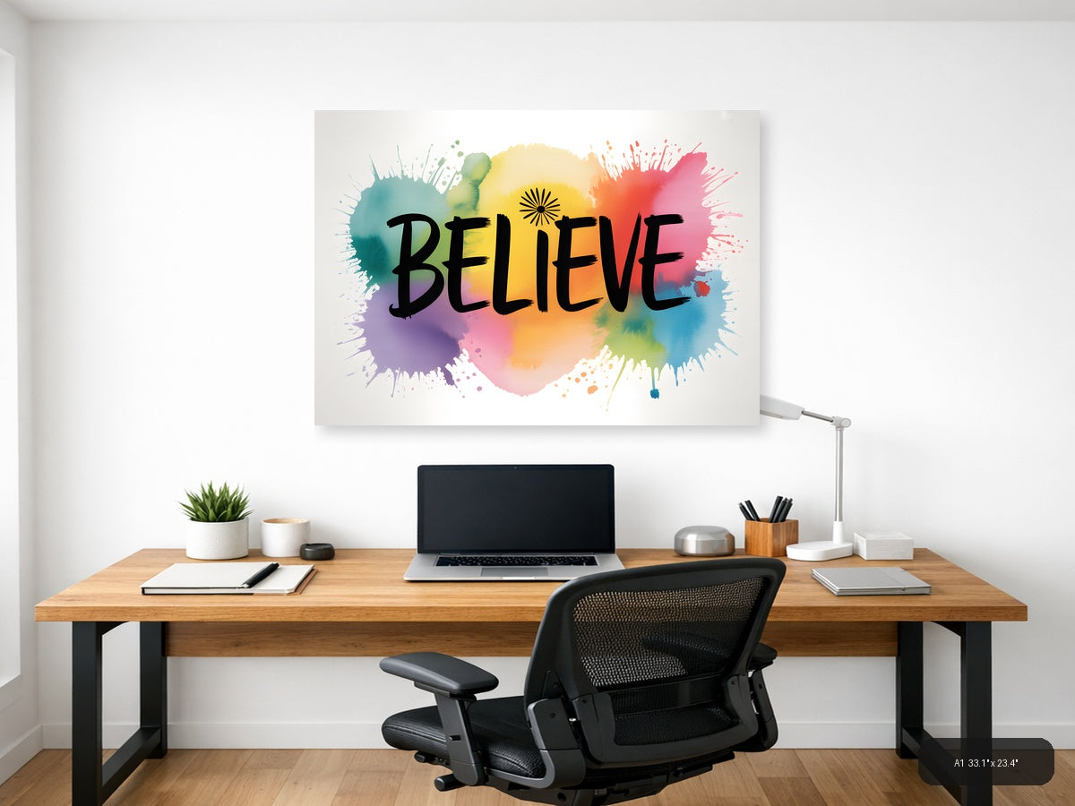 Believe Watercolor Splatter Inspirational Wall Art — A1 / Office