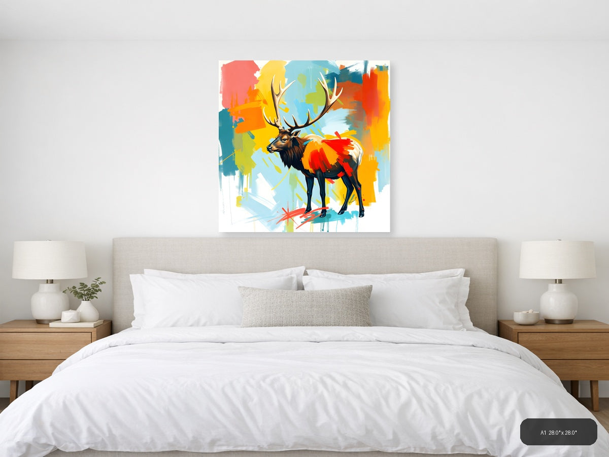 Colorful Abstract Deer with Antlers Wall Art — A1 / Bedroom