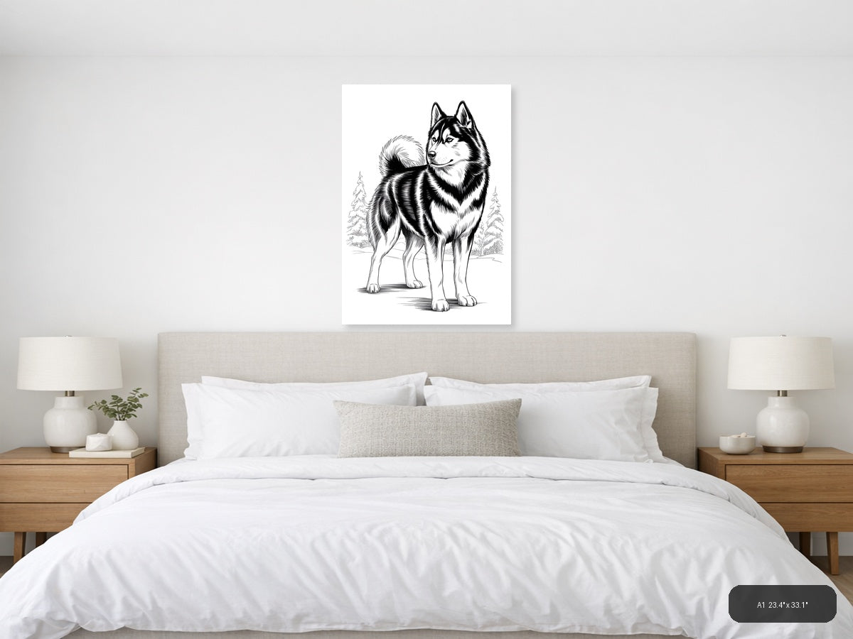 Husky Portrait Line Art Drawing - Black & White Wall Art — A1 / Bedroom