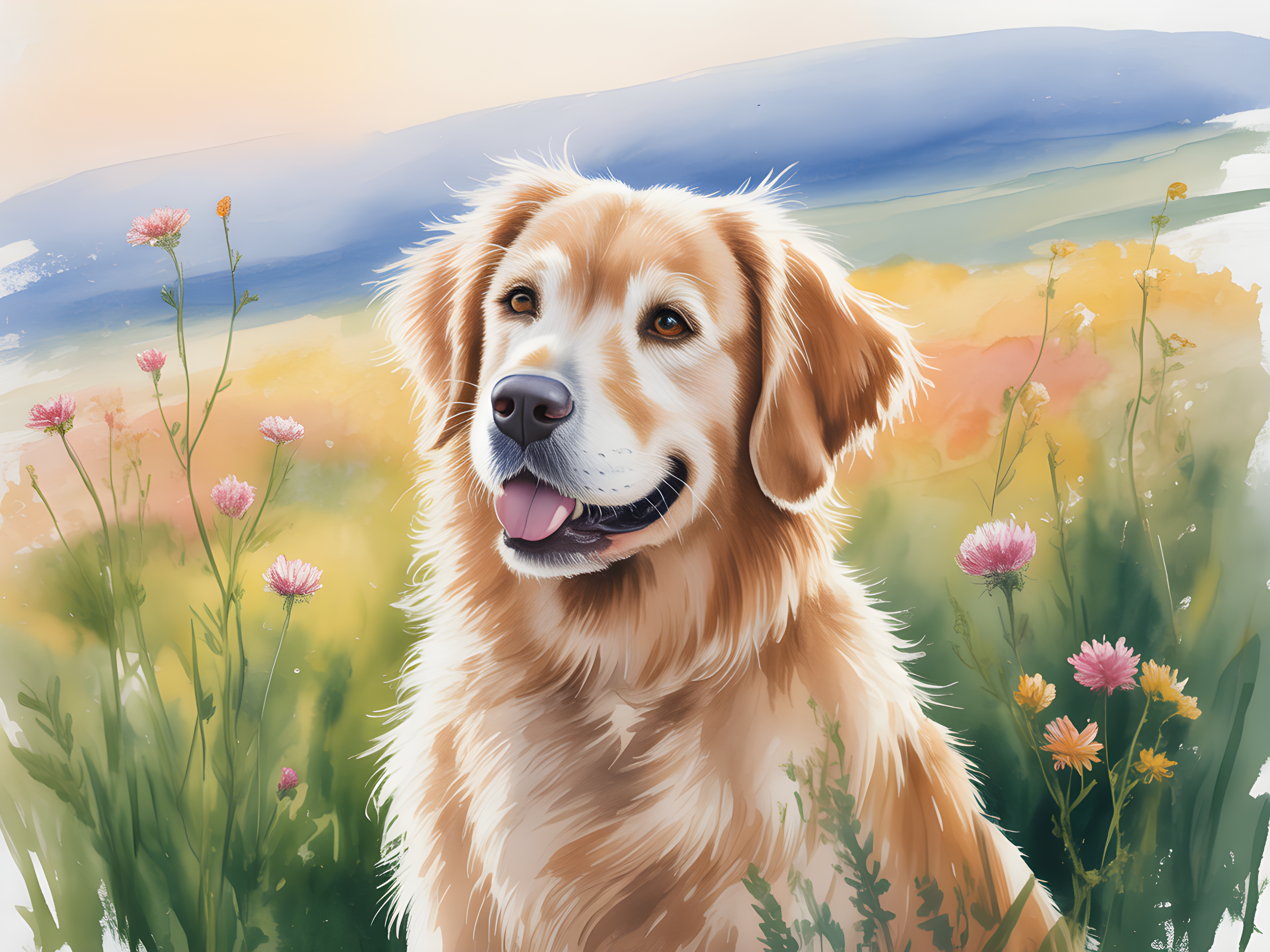Golden Retriever in Wildflower Meadow Watercolor Wall Art