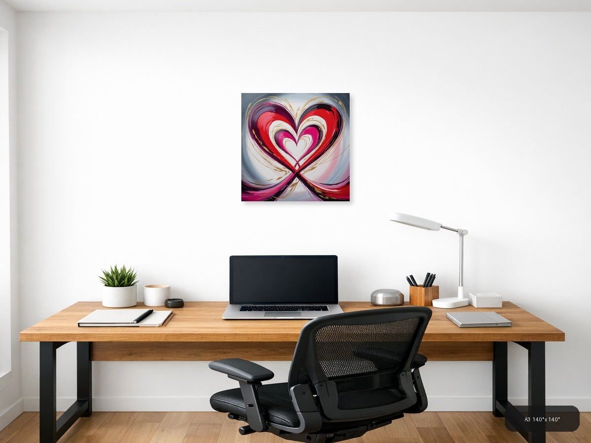 Abstract Nested Heart Swirl Red Pink Gold Wall Art — A3 / Office