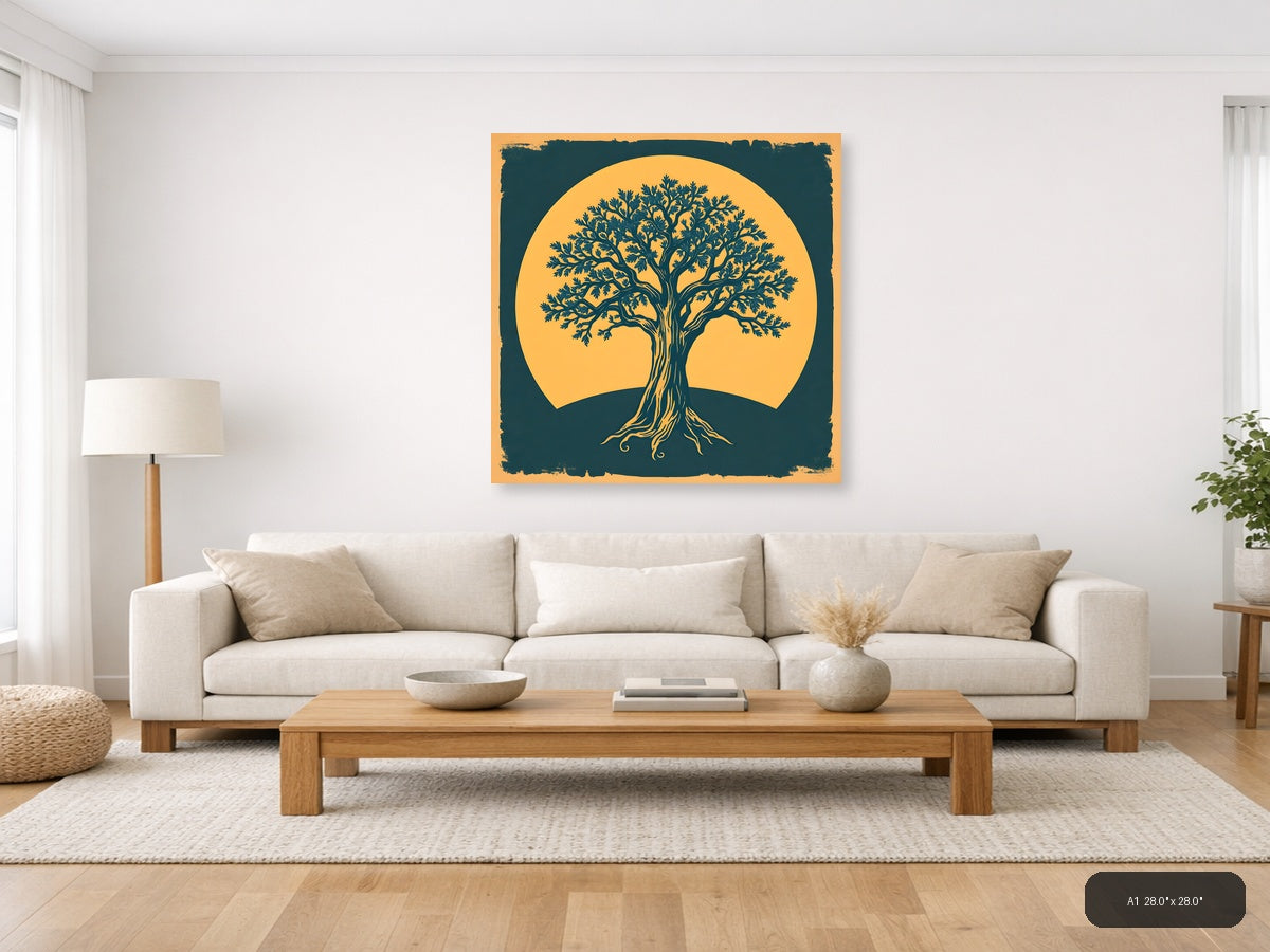Vintage Tree of Life Against Golden Sun Wall Art — A1 / Living Room