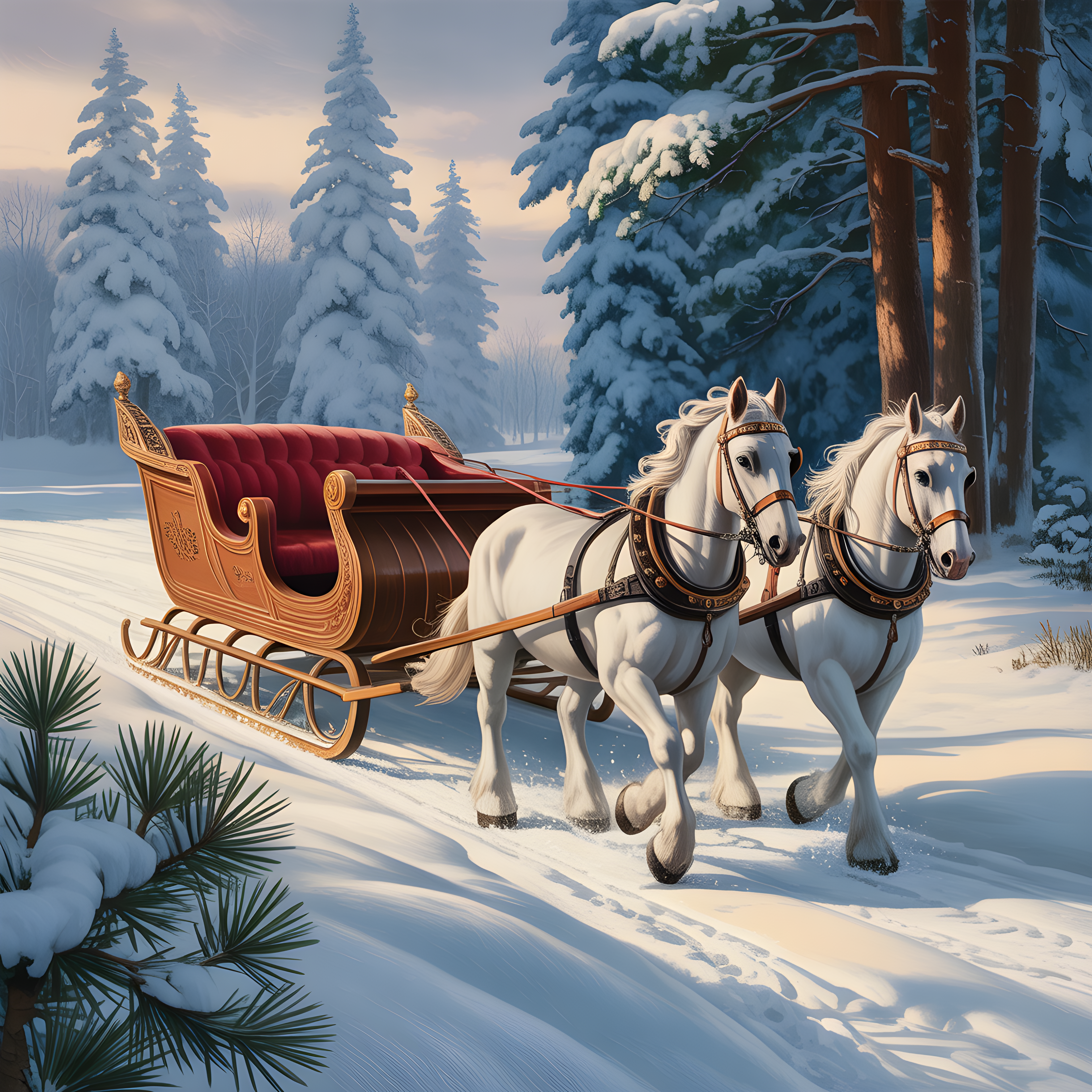 Vintage Winter Sleigh with White Horses Wall Art