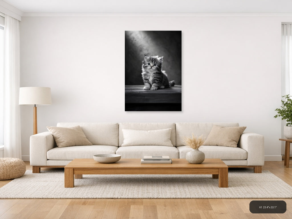 Fluffy Kitten Portrait Black and White Photography Wall Art — A1 / Living Room