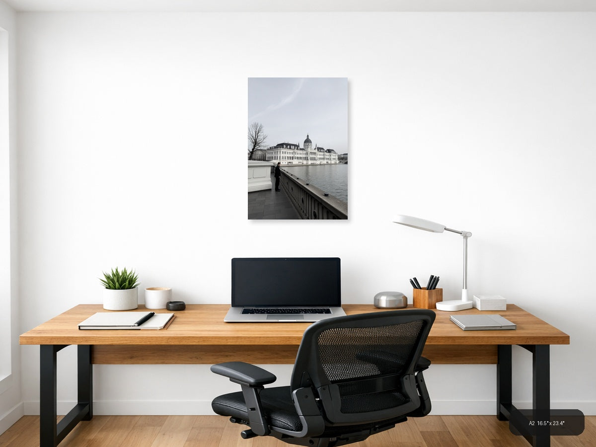 Man at Railing Overlooking Grand Palace | Minimalist Wall Art — A2 (Office)