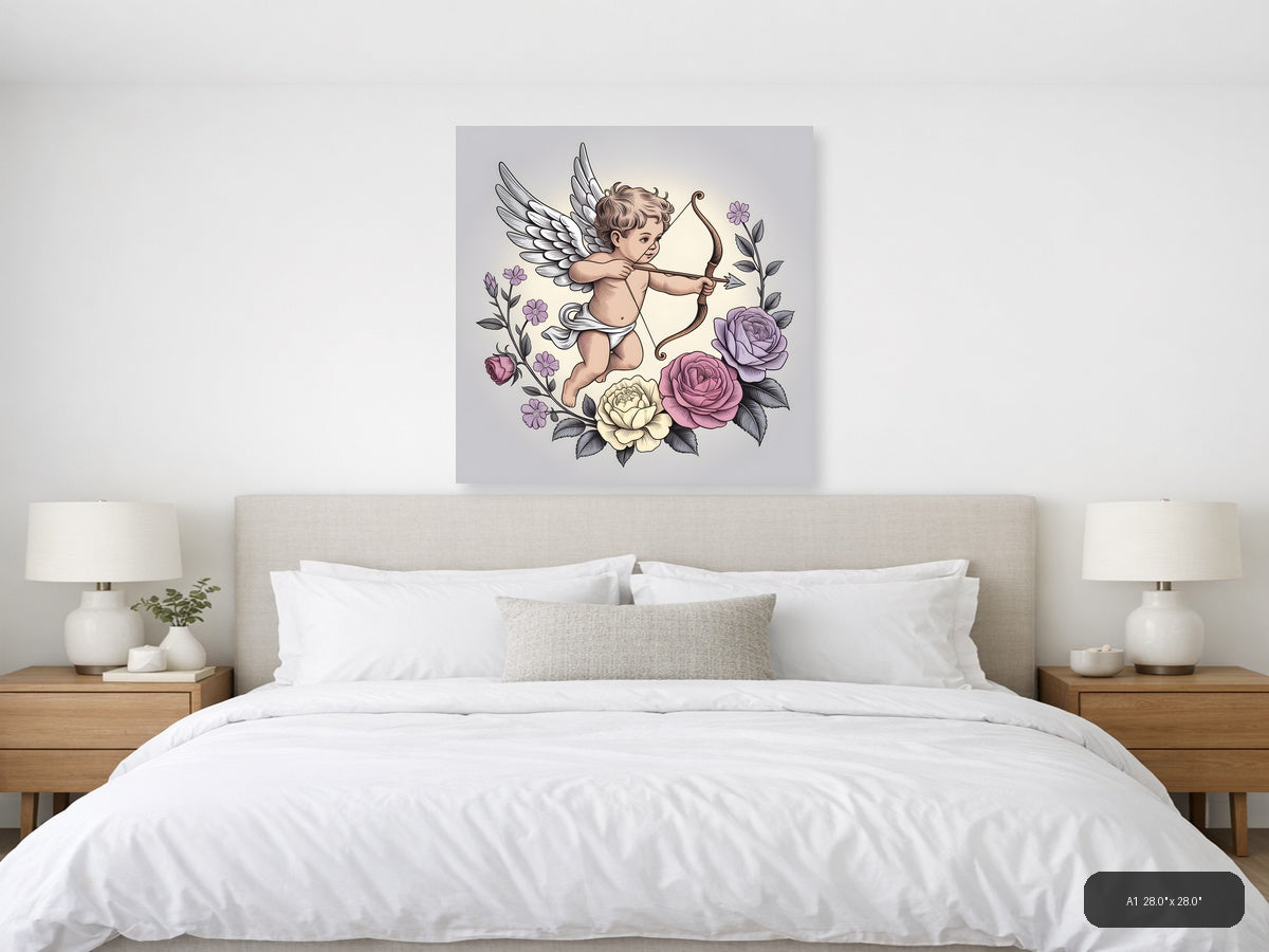 Cupid Angel with Bow and Roses Line Art Wall Art — A1 / Bedroom