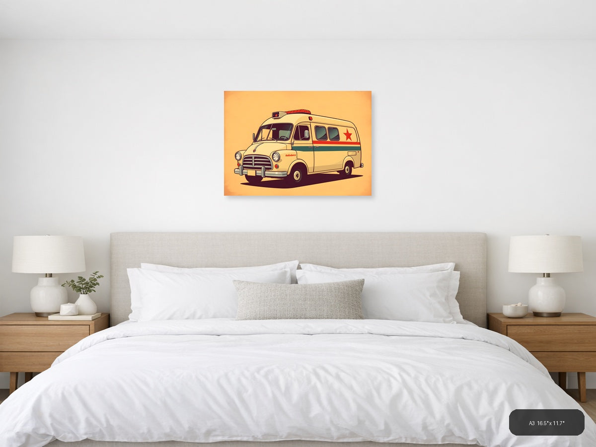 Vintage Cream Ambulance Illustration - Retro Wall Art — A3 / Bedroom