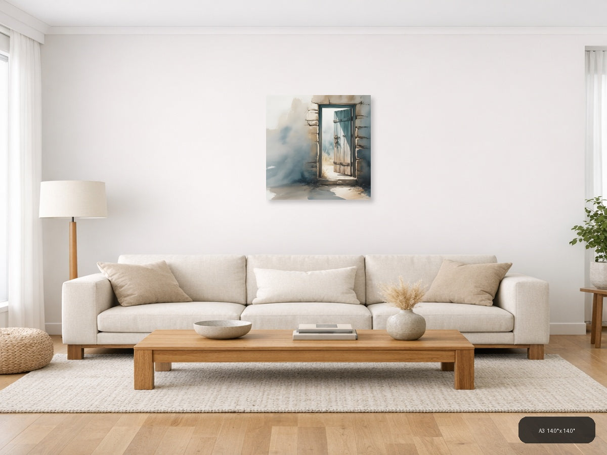 Rustic Wooden Door Watercolor Painting Wall Art — A3 / Living Room