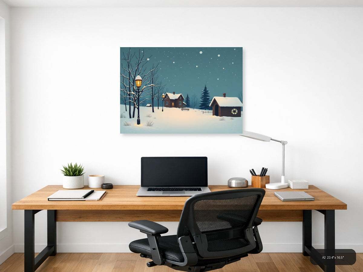 Vintage Winter Cottage Snow Scene Landscape Wall Art — A2 / Office