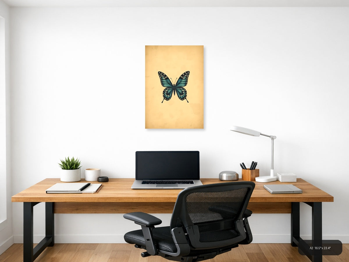 Vintage Teal Butterfly Illustration Wall Art — A2 / Office