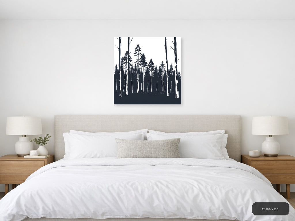 Minimalist Forest Silhouette Black and White Wall Art — A2 / Bedroom