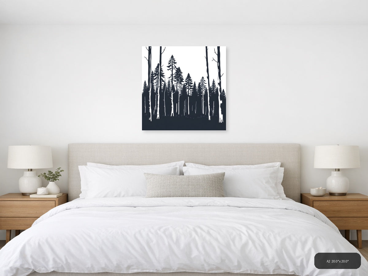Minimalist Forest Silhouette Black and White Wall Art — A2 / Bedroom