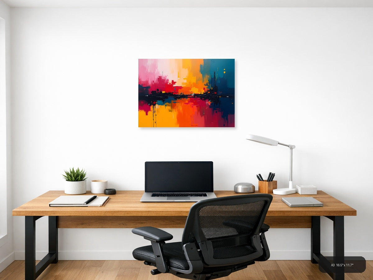 Vibrant Abstract Cityscape Sunset Reflection Wall Art — A3 / Office